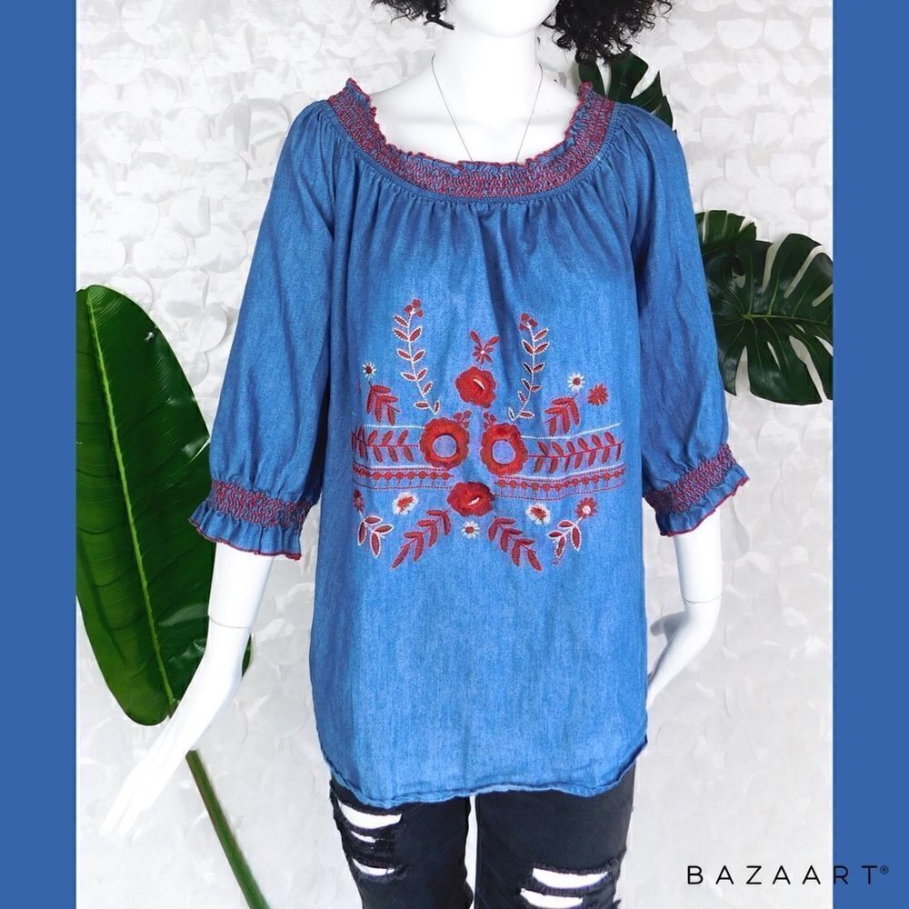 Chambray Top with Red Embroidery Size 2X